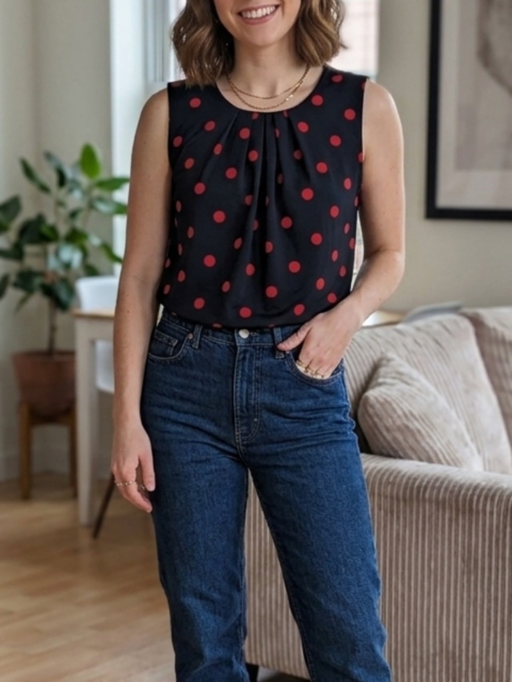 Suzy Shier Black with Red Polka Dots Sleeveless Top